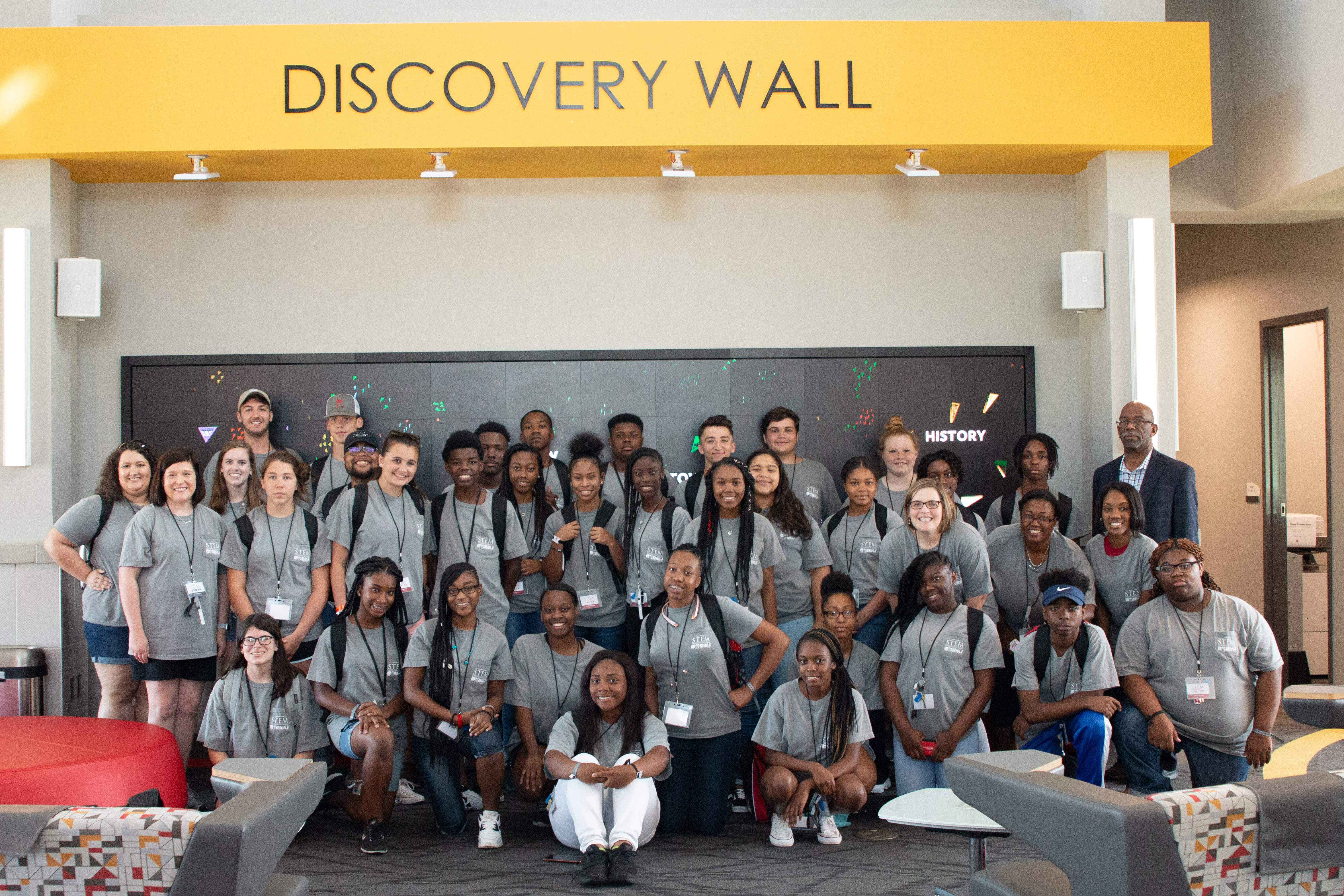 STEM Academy students pose for a group photo during their time at Tuscaloosa’s Gateway to Discovery, a City of Tuscaloosa innovation center.