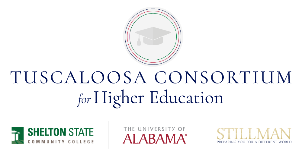 The Tuscaloosa Consortium for Higher Education logo represents The University of Alabama, Shelton State Community College, and Stillman College.