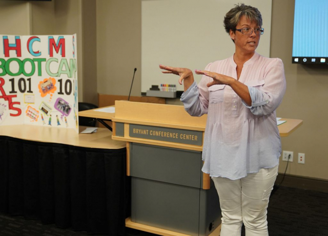 The Hillcrest Middle School group presents project “HMS Bootcamp” at the PLA meeting.