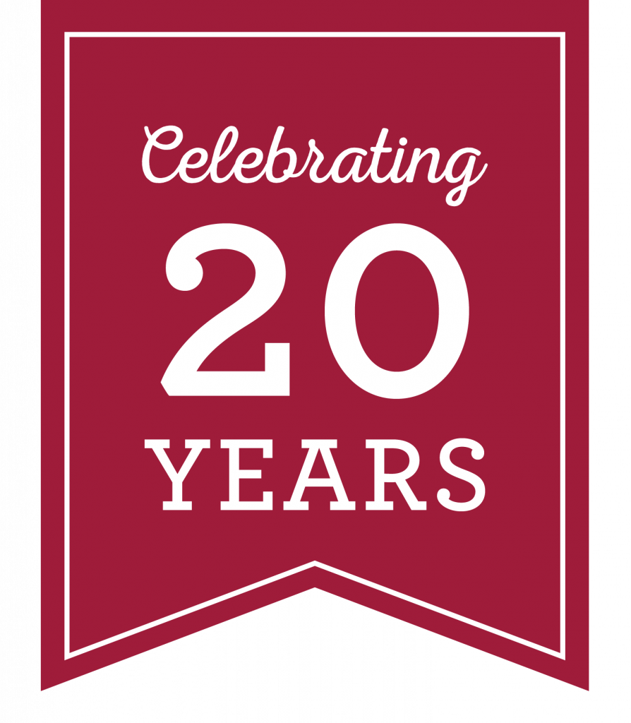 a crimson banner with the words "Celebrating 20 Years"